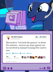 Size: 563x769 | Tagged: safe, princess luna, e3, exploitable meme, fake, gamer luna, seems legit, tv meme, twitter, xbox one