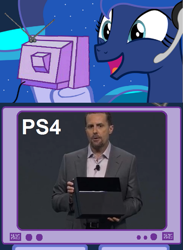 Size: 563x769 | Tagged: safe, princess luna, alicorn, pony, e3, exploitable meme, gamer luna, playstation 4, tv meme