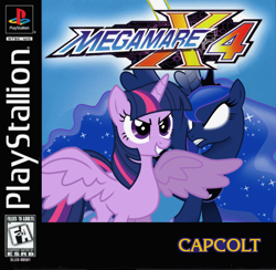 Size: 900x877 | Tagged: safe, artist:nickyv917, princess luna, twilight sparkle, twilight sparkle (alicorn), alicorn, pony, box art, capcom, crossover, female, mare, megaman, parody, playstation, sony