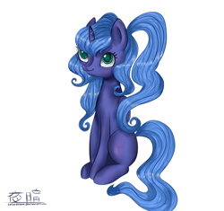 Size: 1700x1600 | Tagged: safe, artist:colorettaw, princess luna, alicorn, pony, cute, filly, ponytail, simple background, sitting, solo, woona