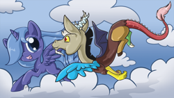 Size: 1024x579 | Tagged: safe, artist:dawnallies, discord, princess luna, alicorn, pony, woona, younger