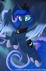 Size: 900x1391 | Tagged: safe, artist:lustrous-dreams, princess luna, alicorn, pony, aurora borealis, colored wings, colored wingtips, solo, stars