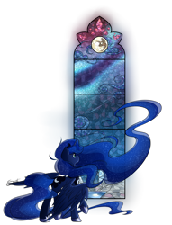 Size: 1412x1850 | Tagged: safe, artist:secret-pony, princess luna, alicorn, pony, long mane, long tail, mare in the moon, moon, raised hoof, raised leg, simple background, solo, spread wings, stained glass, transparent background