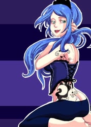 Size: 313x438 | Tagged: safe, artist:zoe-productions, princess luna, barefoot, buttcrack, feet, humanized, kneeling, looking at you, looking back, smiling, solo, tattoo