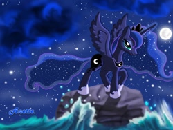 Size: 1000x750 | Tagged: safe, artist:anna-krylova, princess luna, alicorn, pony, moon, night, ocean, smiling, solo, stars, wave