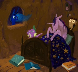 Size: 1280x1185 | Tagged: safe, artist:cygaj, owlowiscious, princess luna, spike, twilight sparkle, alicorn, dragon, pony, bed, book, golden oaks library, hoers, night, sleeping