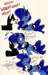 Size: 1403x2163 | Tagged: safe, artist:newyorkx3, princess luna, alicorn, dog, pony, barking, comic, doggy luna, traditional art, zip lines