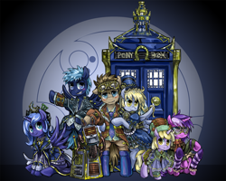 Size: 1600x1280 | Tagged: safe, artist:saturnspace, amethyst star, derpy hooves, dinky hooves, doctor whooves, princess luna, sparkler, star hunter, alicorn, pegasus, pony, crossover, doctor who, female, jack harkness, mare, steampunk, tardis