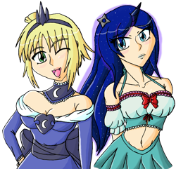 Size: 985x949 | Tagged: safe, artist:eradose, princess luna, belly button, cosplay, costume swap, horned humanization, humanized, kore wa zombie desu ka?, midriff