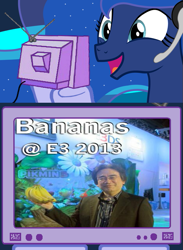 Size: 563x769 | Tagged: safe, princess luna, alicorn, pony, banana, e3, exploitable meme, gamer luna, nintendo, satoru iwata, tv meme