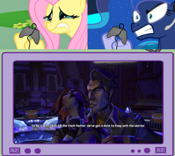 Size: 1126x1000 | Tagged: safe, fluttershy, princess luna, alicorn, pegasus, pony, borderlands, exploitable meme, fluttercry, gamer luna, gamer meme, gamershy, handsome jack, lilith, spoilers for another series, tv meme