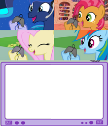 Size: 782x918 | Tagged: safe, babs seed, fluttershy, princess luna, rainbow dash, alicorn, pegasus, pony, controller, exploitable meme, eyes closed, female, gamer babs, gamer luna, gamer meme, gamerdash, gamershy, happy, hoof hold, mare, meme, open mouth, pink mane, screen, smiling, template, tv meme, yellow coat