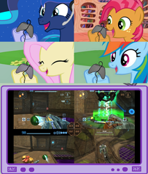 Size: 782x918 | Tagged: safe, babs seed, fluttershy, princess luna, rainbow dash, alicorn, pegasus, pony, exploitable meme, gamer babs, gamer luna, gamer meme, gamerdash, gamershy, metroid, metroid prime 2: echoes, tv meme