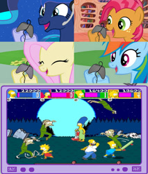 Size: 782x918 | Tagged: safe, babs seed, fluttershy, princess luna, rainbow dash, alicorn, pegasus, pony, arcade, controller, exploitable meme, eyes closed, female, gamer babs, gamer luna, gamer meme, gamerdash, gamershy, happy, hoof hold, mare, meme, open mouth, pink mane, screen, smiling, the simpsons, tv meme, yellow coat