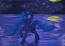 Size: 1754x1240 | Tagged: safe, artist:s4vin, princess luna, alicorn, pony, happy, moon, night, reflection, solo, water