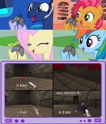 Size: 782x918 | Tagged: safe, babs seed, fluttershy, princess luna, rainbow dash, alicorn, pegasus, pony, 4 player meme, exploitable meme, gamerdash, goldeneye, meme, tv meme