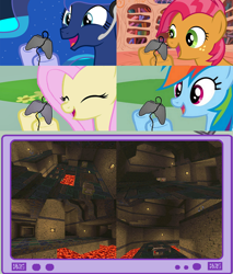 Size: 782x918 | Tagged: safe, babs seed, fluttershy, princess luna, rainbow dash, alicorn, pegasus, pony, controller, eyes closed, female, gamer babs, gamer luna, gamer meme, gamerdash, gamershy, happy, hoof hold, mare, meme, open mouth, pink mane, quake, screen, smiling, tv meme, yellow coat