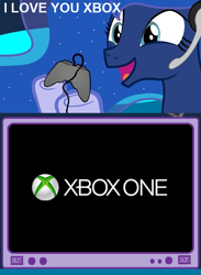 Size: 563x769 | Tagged: safe, princess luna, alicorn, pony, background pony strikes again, exploitable meme, gamer luna, gamer meme, tv meme, xbox one