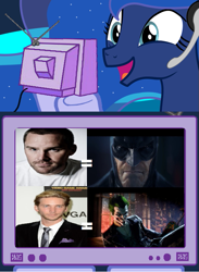 Size: 563x770 | Tagged: safe, princess luna, alicorn, pony, batman, batman arkham origins, dc comics, exploitable meme, gamer luna, the joker, tv meme, voice actors