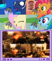 Size: 782x918 | Tagged: safe, screencap, babs seed, fluttershy, princess luna, rainbow dash, alicorn, pegasus, pony, controller, exploitable meme, eyes closed, female, gamer babs, gamer luna, gamer meme, gamerdash, gamershy, happy, hoof hold, mare, meme, open mouth, pink mane, rise of the triad, screen, smiling, tv meme, yellow coat