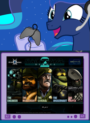 Size: 563x769 | Tagged: safe, princess luna, alicorn, pony, exploitable meme, gamer luna, gamer meme, gun, strike force heroes, tv meme