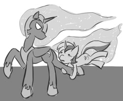 Size: 995x818 | Tagged: safe, artist:trinosan, minuette, princess luna, alicorn, pony, clinging, monochrome