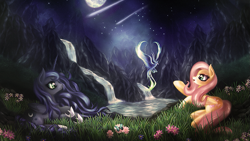 Size: 1085x611 | Tagged: safe, artist:macalaniaa, fluttershy, princess luna, alicorn, pegasus, pony, scenery, water