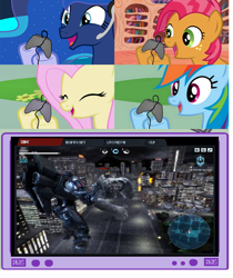 Size: 796x946 | Tagged: safe, babs seed, fluttershy, princess luna, rainbow dash, alicorn, kaiju, pegasus, pony, controller, exploitable meme, eyes closed, female, gamer babs, gamer luna, gamer meme, gamerdash, gamershy, happy, hoof hold, jaeger, leatherback, mare, meme, open mouth, pacific rim, pink mane, screen, smiling, tv meme, yellow coat
