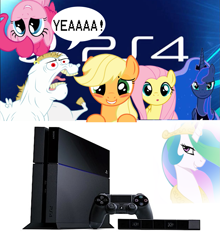 Size: 1005x1141 | Tagged: safe, applejack, fluttershy, pinkie pie, princess luna, alicorn, earth pony, pegasus, pony, playstation 4