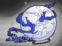 Size: 1024x768 | Tagged: safe, artist:rambopvp, princess luna, alicorn, pony, ball and chain, chains, eyes closed, magic, mare in the moon, moon, s1 luna, sad, solo