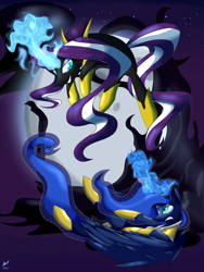 Size: 1280x1705 | Tagged: safe, artist:miroslav46, nightmare rarity, princess luna, alicorn, pony, fight, magic, moon