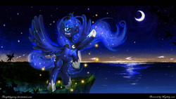 Size: 1024x576 | Tagged: safe, artist:anightlypony, princess luna, alicorn, firefly (insect), pony, cliff, leaves, moon, night, ocean, solo