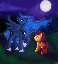 Size: 1200x1324 | Tagged: safe, artist:trefleix, princess luna, scootaloo, alicorn, pony, female, horn, mare, moon