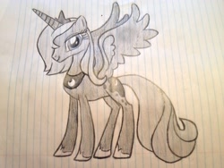 Size: 3264x2448 | Tagged: safe, artist:maxime12, princess luna, alicorn, pony, lined paper, monochrome, s1 luna, solo, traditional art