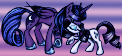 Size: 1024x471 | Tagged: safe, artist:opallene, princess luna, rarity, alicorn, pony, unicorn, duo, duo female, female, horn, mare