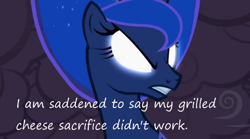 Size: 800x445 | Tagged: safe, edit, edited screencap, screencap, princess luna, alicorn, pony, luna eclipsed, angry, glorious grilled cheese, glowing eyes, grilled cheese, insane pony thread, sacrifice, solo, tumblr