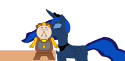 Size: 808x398 | Tagged: safe, artist:hmcvirgo92, princess luna, alicorn, pony, beauty and the beast, cogsworth, crossover, crossover shipping, disney, female, kissing, male, straight, wat, why