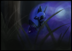 Size: 1890x1350 | Tagged: safe, artist:xxfirefoxwarriorxx, princess luna, alicorn, pony, eyes closed, female, grass, mare, moon, night, solo, tree