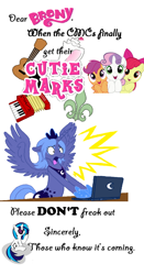 Size: 500x951 | Tagged: safe, apple bloom, dj pon-3, fleur-de-lis, princess luna, scootaloo, sweetie belle, vinyl scratch, alicorn, pony, unicorn, accordion, cutie mark, cutie mark crusaders, guitar, laptop computer, musical instrument, public service announcement, s1 luna, seashell