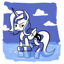 Size: 1000x1000 | Tagged: safe, artist:fauxsquared, princess luna, alicorn, pony, clothes, filly, one-piece swimsuit, s1 luna, solo, swimsuit, woona