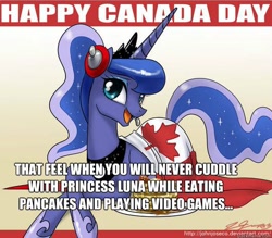 Size: 542x475 | Tagged: safe, artist:johnjoseco, princess luna, alicorn, pony, canada, canada day, feels, flag, gamer luna, headphones, image macro, pancakes, snuggling, text, you will never x