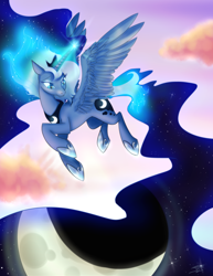 Size: 2550x3300 | Tagged: safe, artist:jitterbugjive, princess luna, alicorn, pony, flying, long tail, magic, solo, surreal