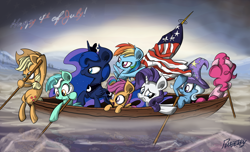 Size: 2300x1400 | Tagged: safe, artist:slitherpon, applejack, lyra heartstrings, pinkie pie, princess luna, rainbow dash, rarity, scootaloo, trixie, alicorn, earth pony, pegasus, pony, unicorn, 4th of july, american independence day, american revolution, boat, classic art, crossing the delaware, fine art parody, flag, independence day, parody, river, united states, washington crossing the delaware