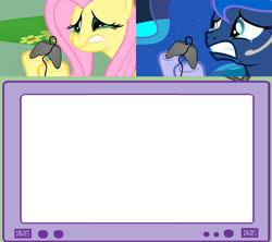 Size: 1126x1000 | Tagged: safe, fluttershy, princess luna, alicorn, pegasus, pony, controller, exploitable meme, female, fluttercry, gamer luna, gamer meme, gamershy, hoof hold, lip bite, mare, meme, pink mane, sad, teary eyes, teeth, template, tv meme, yellow coat