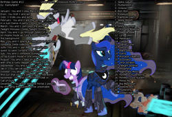 Size: 1024x696 | Tagged: safe, derpy hooves, princess luna, twilight sparkle, alicorn, pegasus, pony, unicorn, friendship is magic, birthday game, exploitable meme, flying, gamer luna, gamershy, gritted teeth, levitation, magic, my little pony, rarityfan87, spread wings, telekinesis