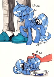 Size: 1071x1533 | Tagged: safe, artist:newyorkx3, princess luna, cat, human, behaving like a cat, bowl, clothes, cute, filly, kitty luna, kitty woona, milk, pet, pony pet, s1 luna, slippers, snuggling, traditional art, woona