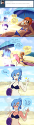 Size: 1280x4671 | Tagged: safe, artist:7nights, princess luna, spitfire, ask human luna, beach, belly button, bikini, clothes, comic, humanized, magic, s1 luna, sunburn, sunglasses, swimsuit, tumblr