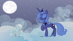 Size: 1920x1080 | Tagged: safe, artist:nyanrose, screencap, princess luna, oc, oc:snowdrop, alicorn, pegasus, pony, cloud, cloudy, cute, hnnng, moon, s1 luna, snowdrop (animation)