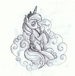 Size: 2105x2142 | Tagged: safe, artist:mrfulp, princess luna, alicorn, pony, bedroom eyes, cloud, ice cream, monochrome, s1 luna, solo, tongue out, traditional art