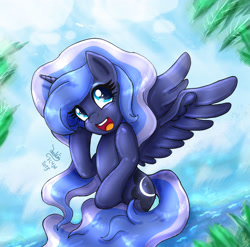 Size: 3762x3716 | Tagged: safe, artist:joakaha, princess luna, alicorn, pony, bipedal, cute, filly, happy, open mouth, smiling, solo, spread wings, water, woona, younger